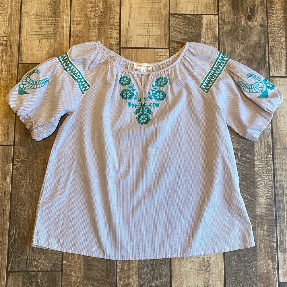 Coverstitched Gray Blouse with Teal Embroidery